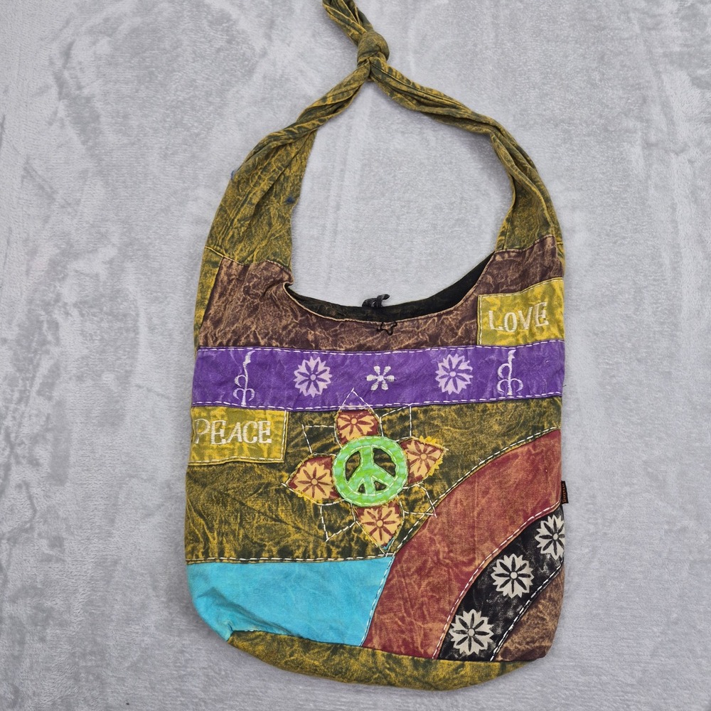 Rising International Patchwork Hobo Bag Peace Love Embroidery Boho Hippie Tote
